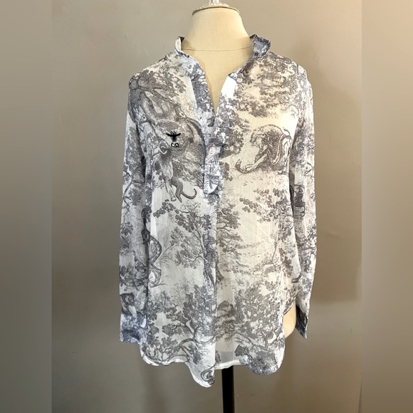 Christian Dior Toile De Jouy Button Front Long Sleeve Shirt In White And Grey M - Picture 1 of 8
